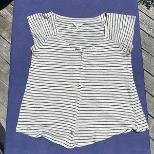 Lucky Brand Terry Cotton Cap Sleeve abalone button Up blouse Blk/white stripe S